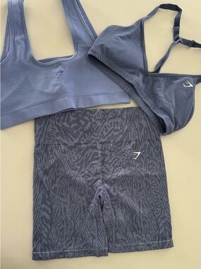 Gymshark Purple Charcoal Seamless Sports Bras & Animal-Print Bike Shorts Set